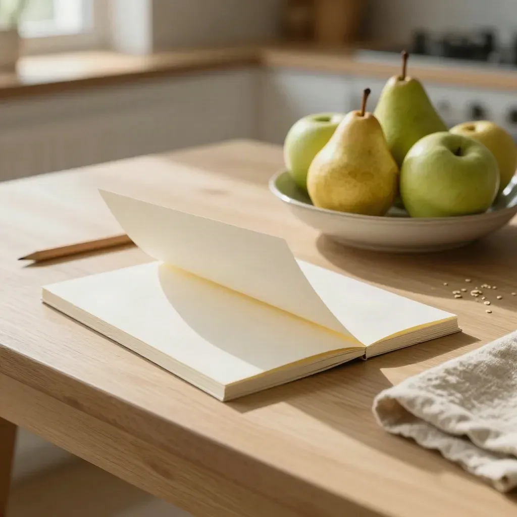 Sunlit kitchen table with a page, pencil and fruit bowl at the start of a calm Sunday