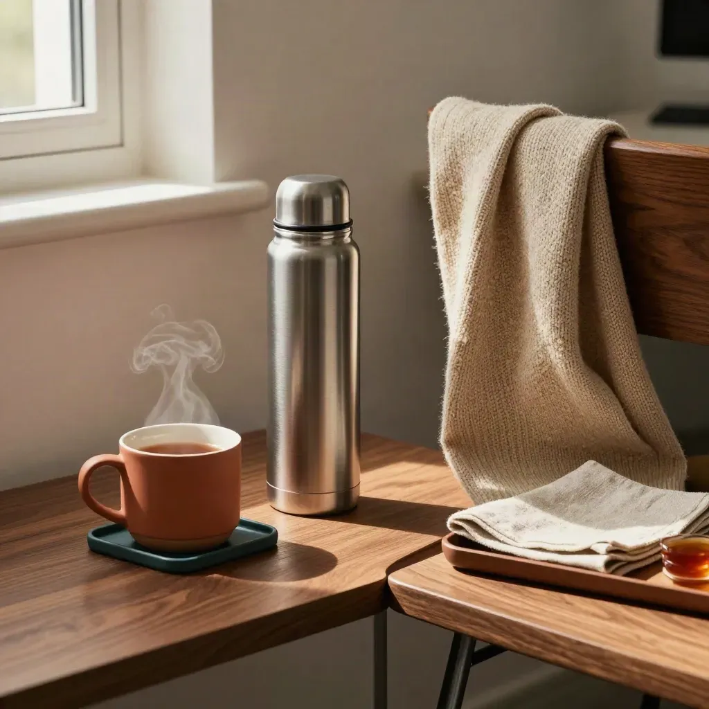 Thermos, mug, and folded cardigan in a quiet office break corner at lunch.