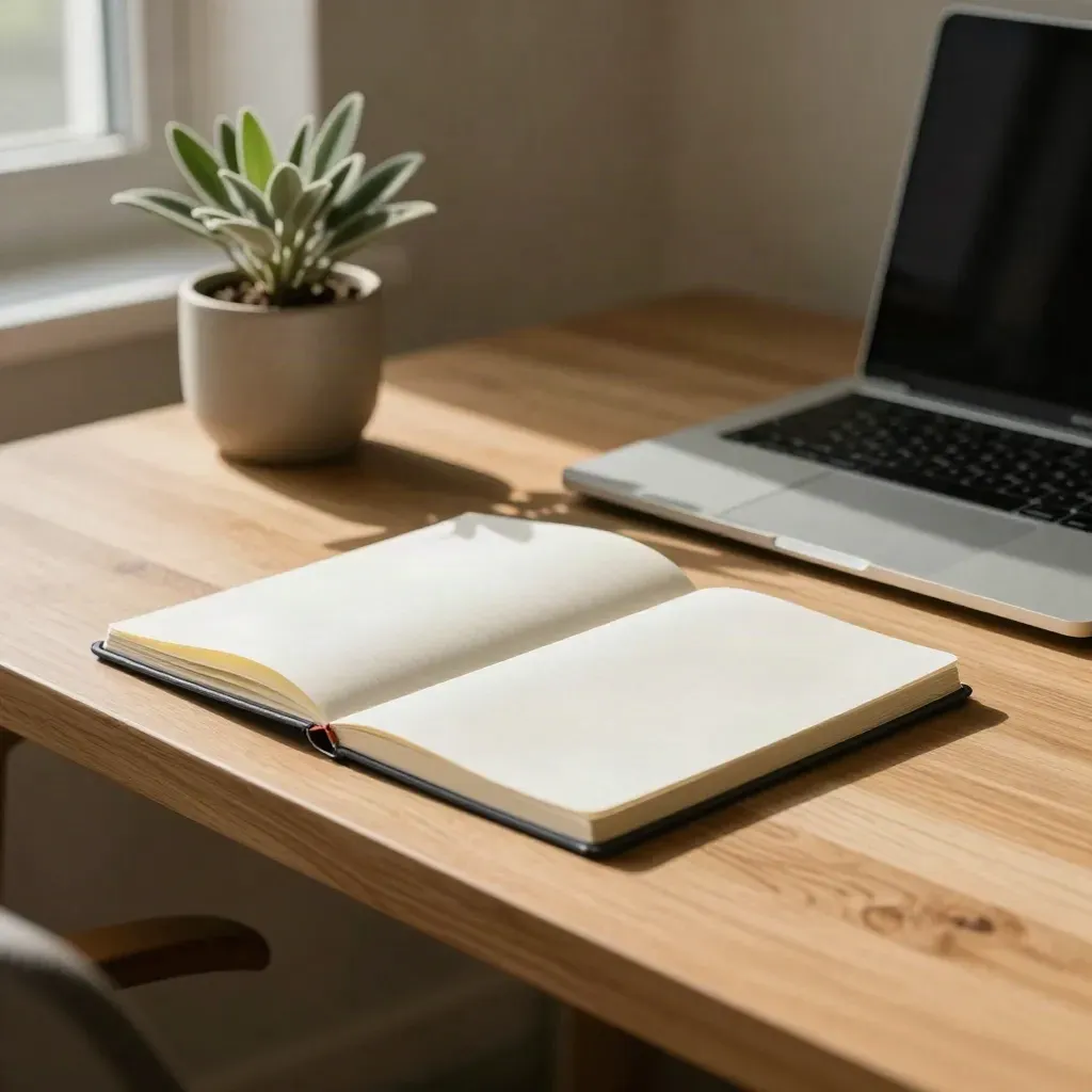 Desk by a plant with a shut laptop and open notebook in warm afternoon light.
