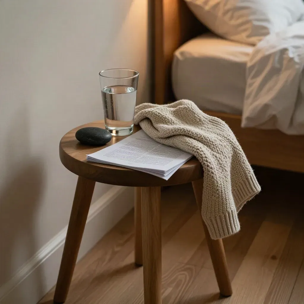 Bedside stool with water, a grounding stone, folded knit, and tucked log sheet in warm lamp light.