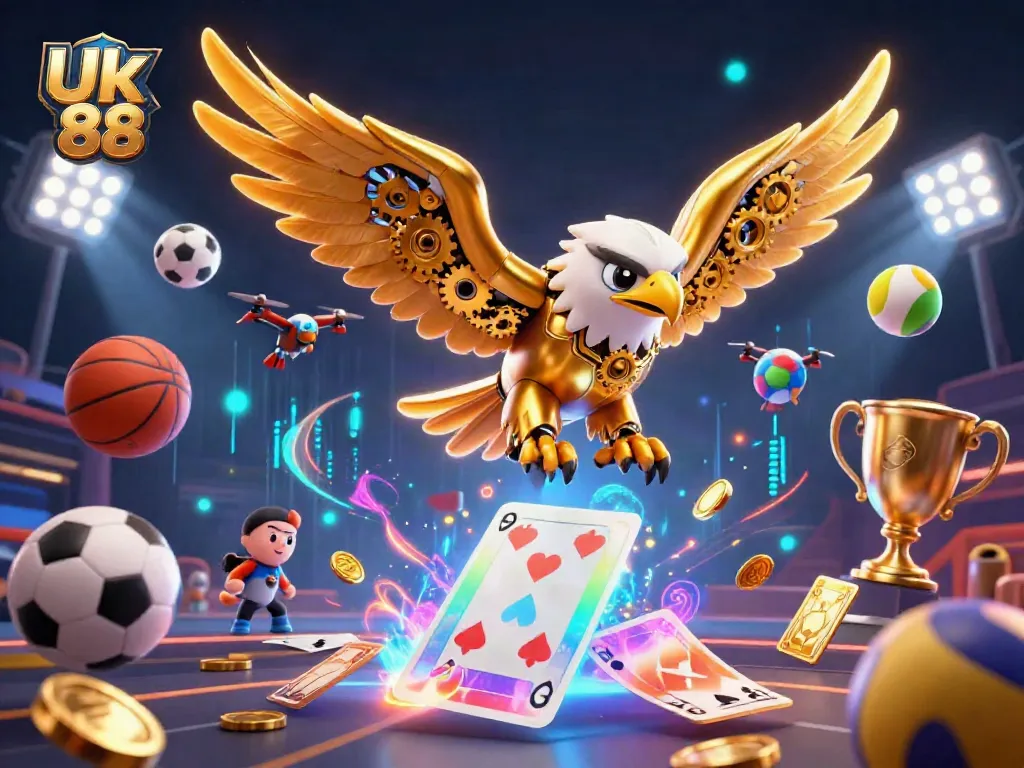Experience thrilling gameplay with Uk 88 as a cybernetic eagle dives through holographic cards.