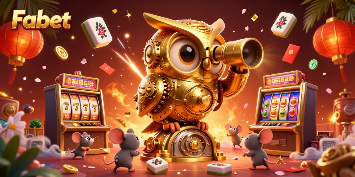 Experience Fabet through a vibrant 3D casino scene, featuring a golden owl scanning slot machines and colorful game elements.