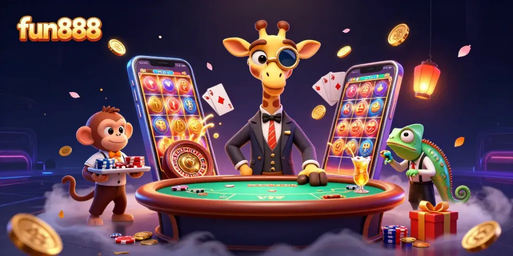 Join the fun888 excitement with a vibrant casino scene showcasing thrilling games and characters.