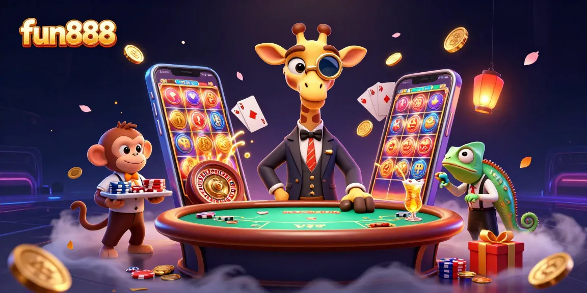 Join the fun888 excitement with a vibrant casino scene showcasing thrilling games and characters.