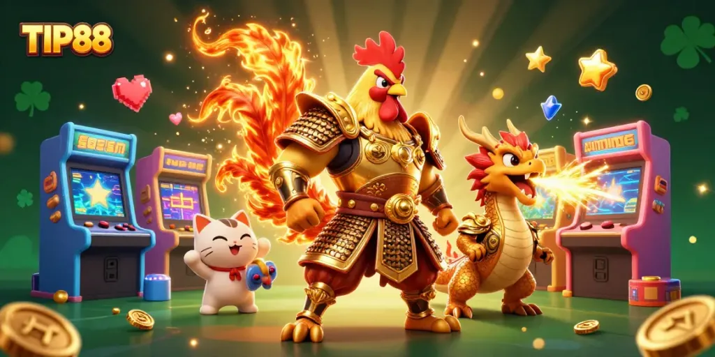 Experience the thrill of TIP88 with a vibrant 3D illustration featuring a golden samurai rooster and a dragon hatchling.