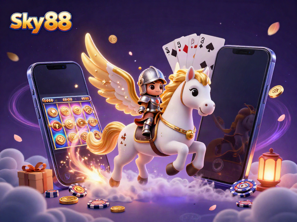 Experience thrilling gameplay with Sky 88 as the celestial knight rides through a vibrant casino world.