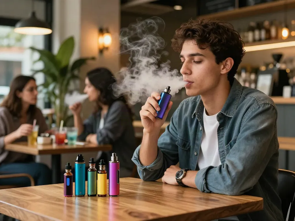 how long does a vape last in a stylish café with a person vaping