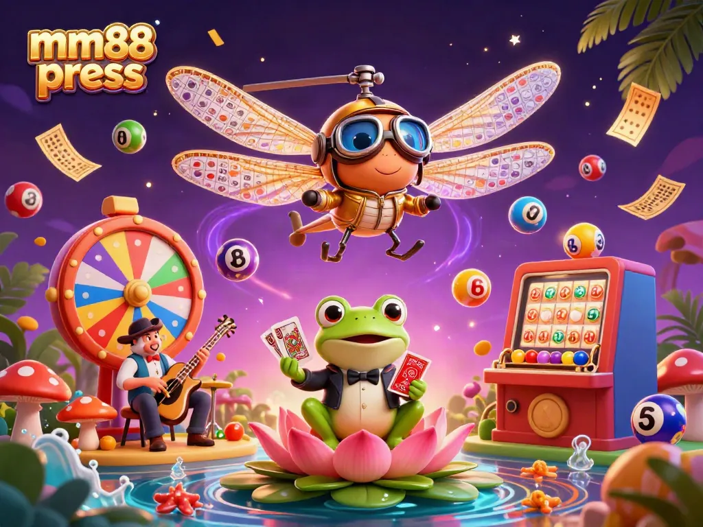 Engage in thrilling gameplay with mm88 press, featuring dynamic lottery balls and a lively casino scene.