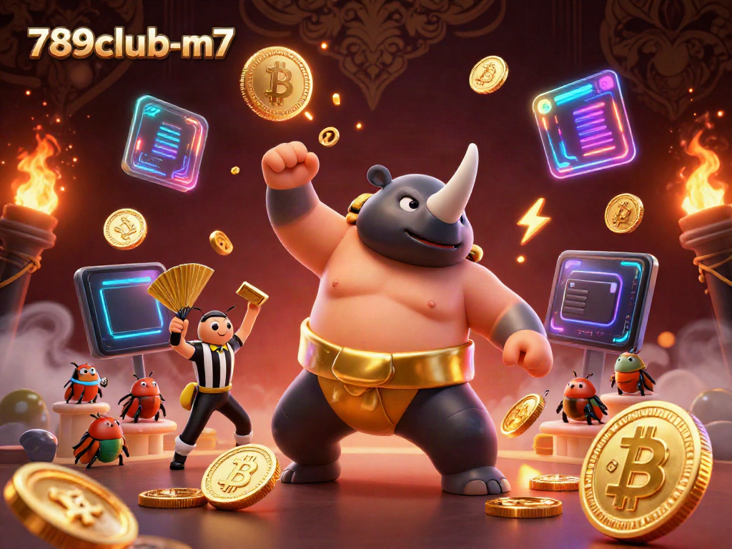 Engage with the vibrant world of 789club-m7, as a sumo beetle champion reveals coins in a dynamic casino scene.