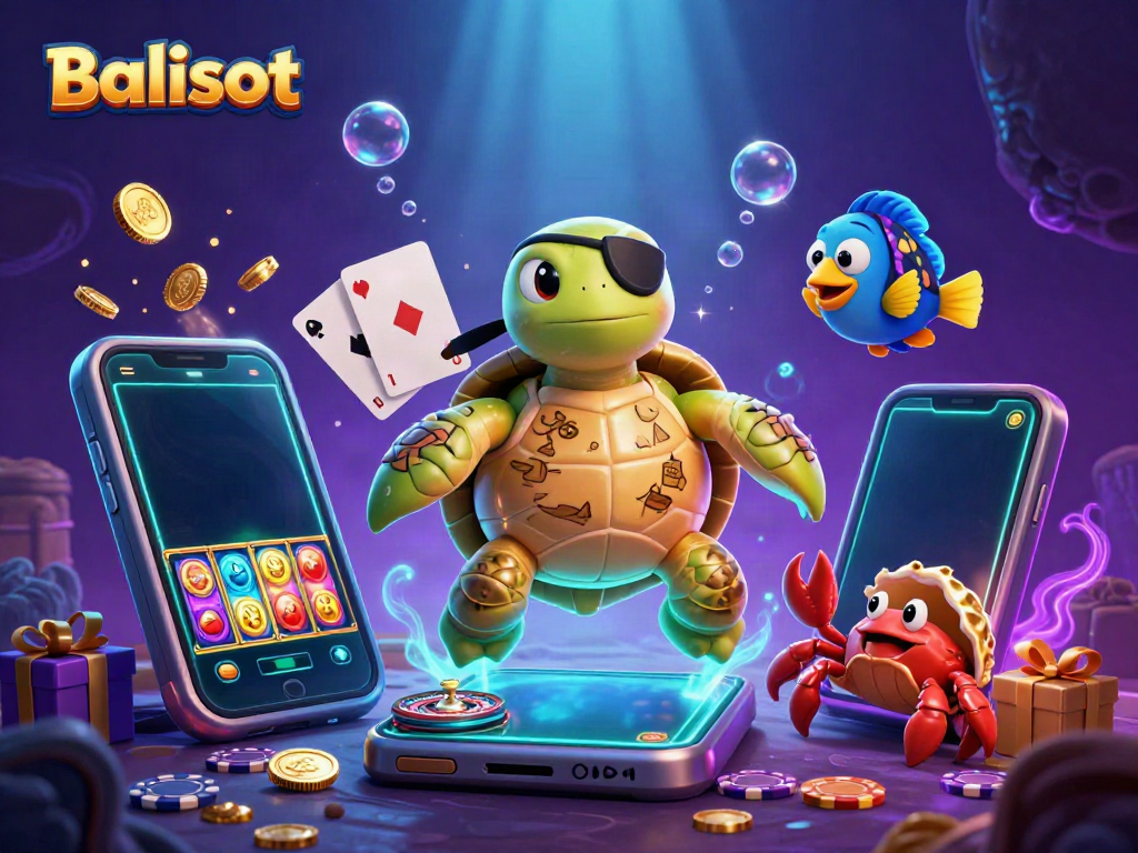 Experience the thrilling world of Balislot with vibrant characters and casino game elements in a lively illustration.