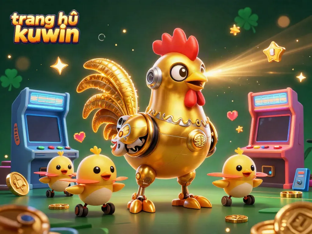 Engage with the thrilling world of trang chủ kuwin featuring a golden rooster robot and chick drones amidst vibrant arcade game elements.