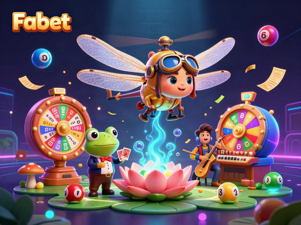 Experience the thrill of Fabet with a dynamic casino scene showcasing a dragonfly pilot and frog croupier.