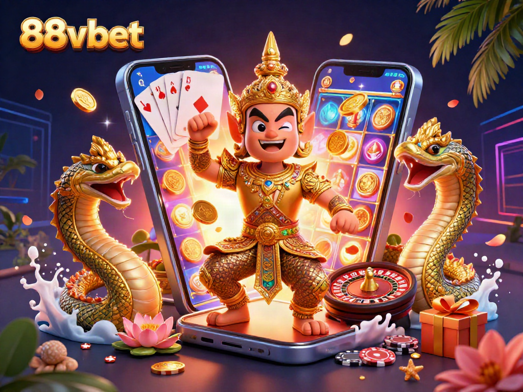 Join the action at 88vbet with vibrant casino elements featuring lucky symbols and playful characters.