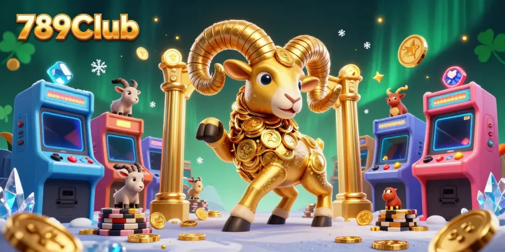 Engage with 789Club in a vibrant 3D casino scene filled with golden ram characters and arcade elements.