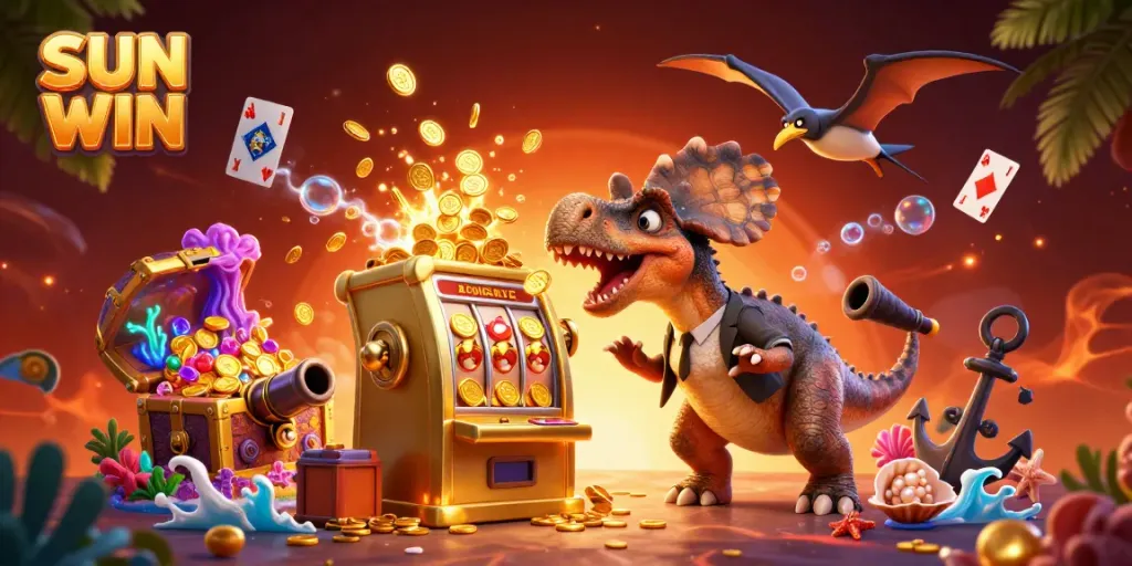 Experience excitement at SUN WIN with a 3D pachycephalosaurus winning jackpot coins from a golden slot machine.