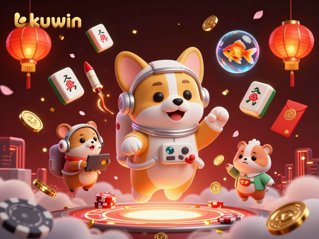 kuwin entertains gamers with a vibrant 3D casino scene featuring a floating corgi and a hamster guiding action.