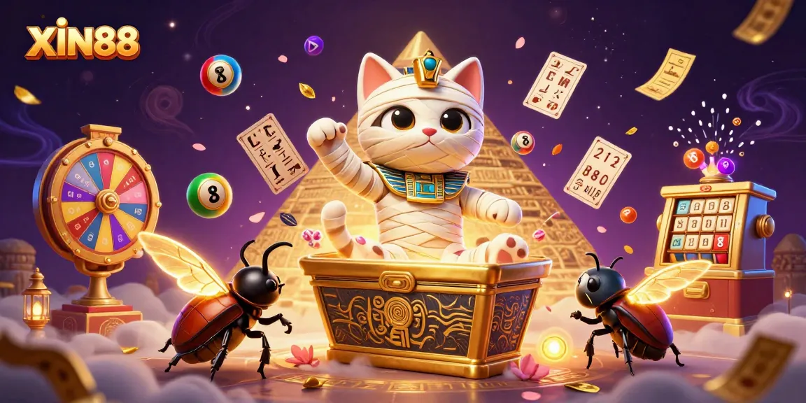 XIN88: Egyptian mummy cat and scarab beetle in a vibrant casino scene bringing excitement to online gaming