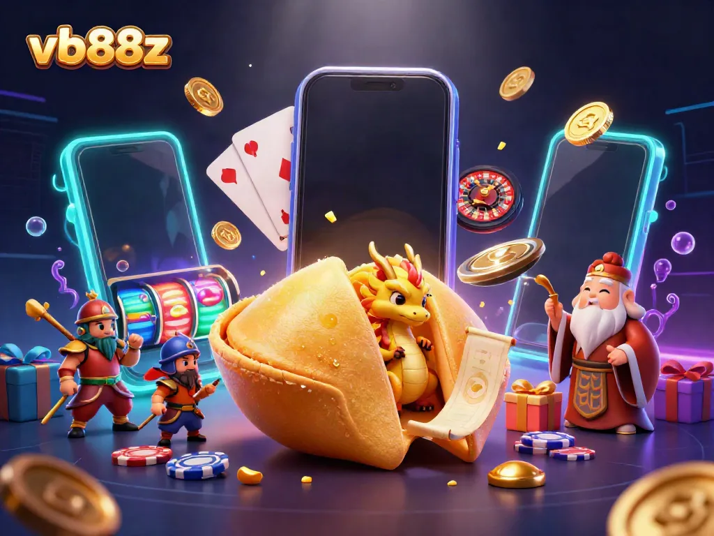 Experience fortune and excitement with vb88z in a vibrant 3D casino-themed illustration full of dynamic game elements.