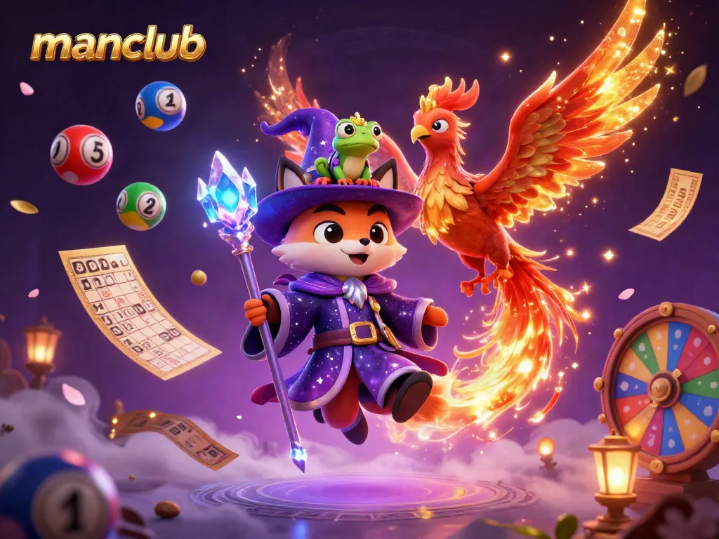 Engage in thrilling gameplay at manclub with a vibrant scene of a wizard fox and phoenix amidst dynamic gambling elements.