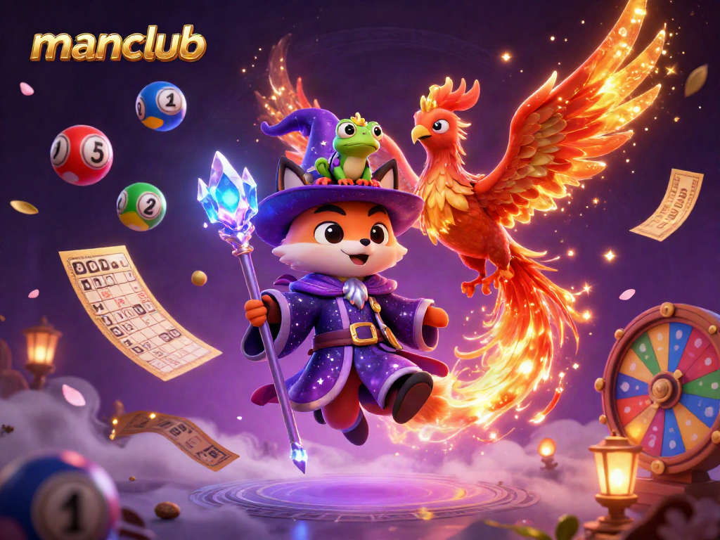 Engage in thrilling gameplay at manclub with a vibrant scene of a wizard fox and phoenix amidst dynamic gambling elements.