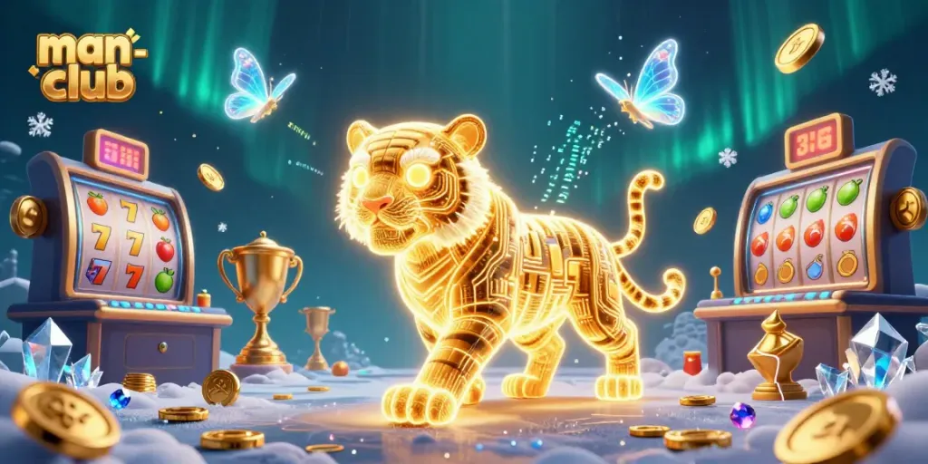 Experience the thrill of man-club with a neon tiger in a vibrant digital casino world filled with jackpots and trophies.