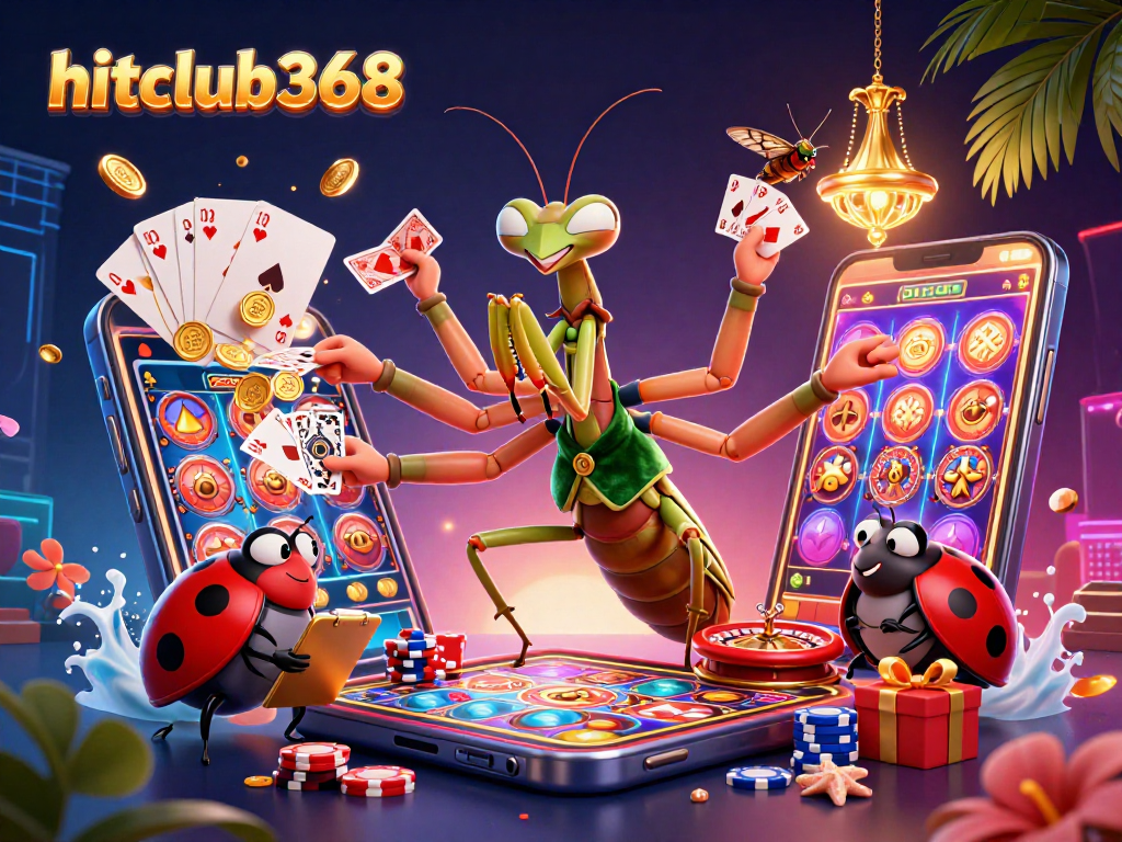 Hitclub368 showcases an energetic scene with a giant card sharp and ladybug pit boss in a dynamic casino setting.