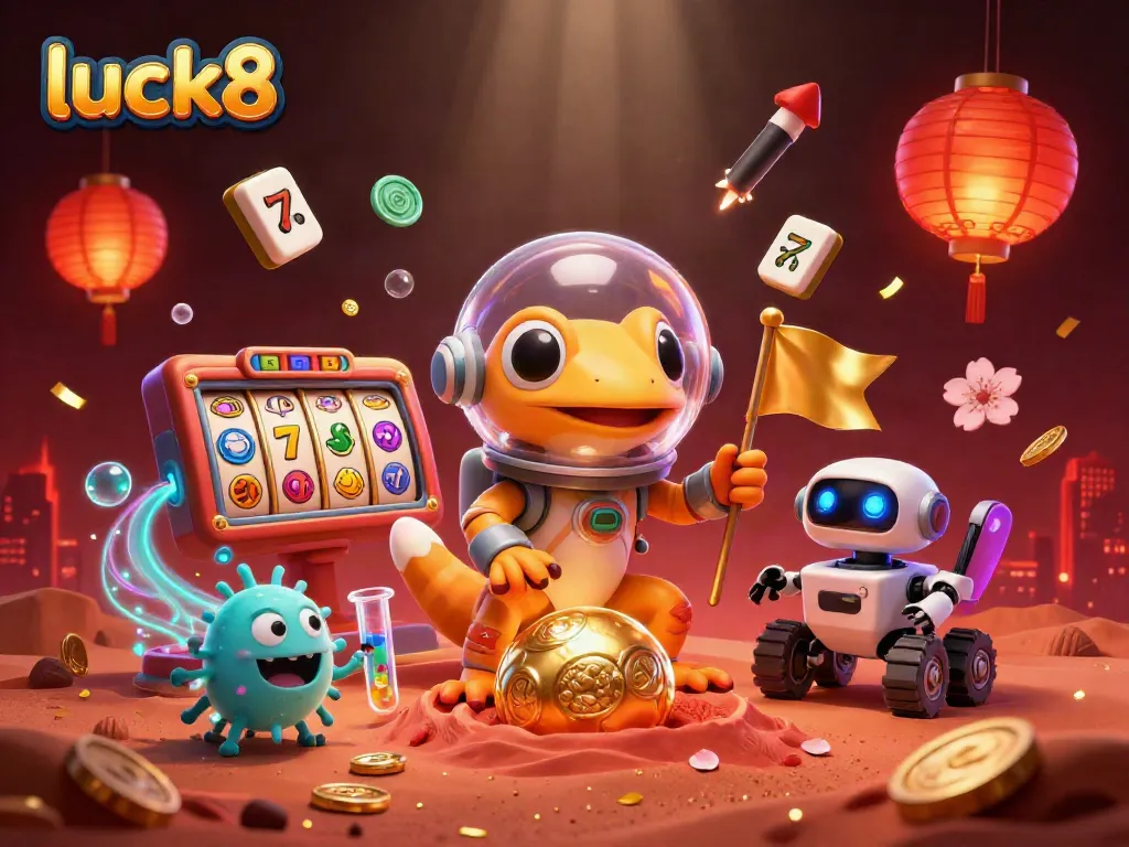 Experience luck8's thrilling online casino adventure with vibrant slot reels and Martian characters.
