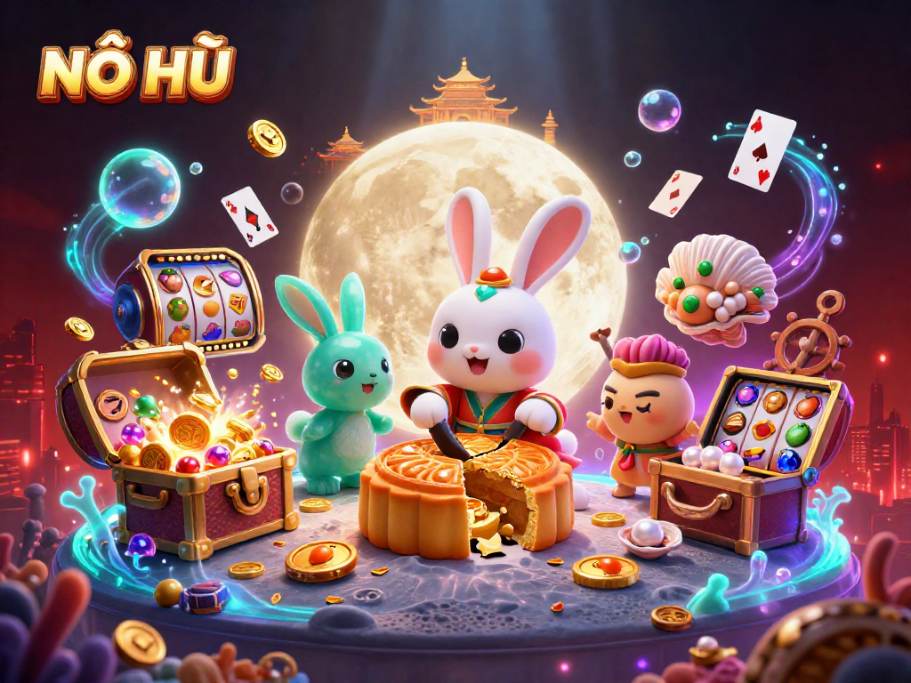NỔ HŨ themed illustration of a moon rabbit celebrating with slot reels and poker chips.