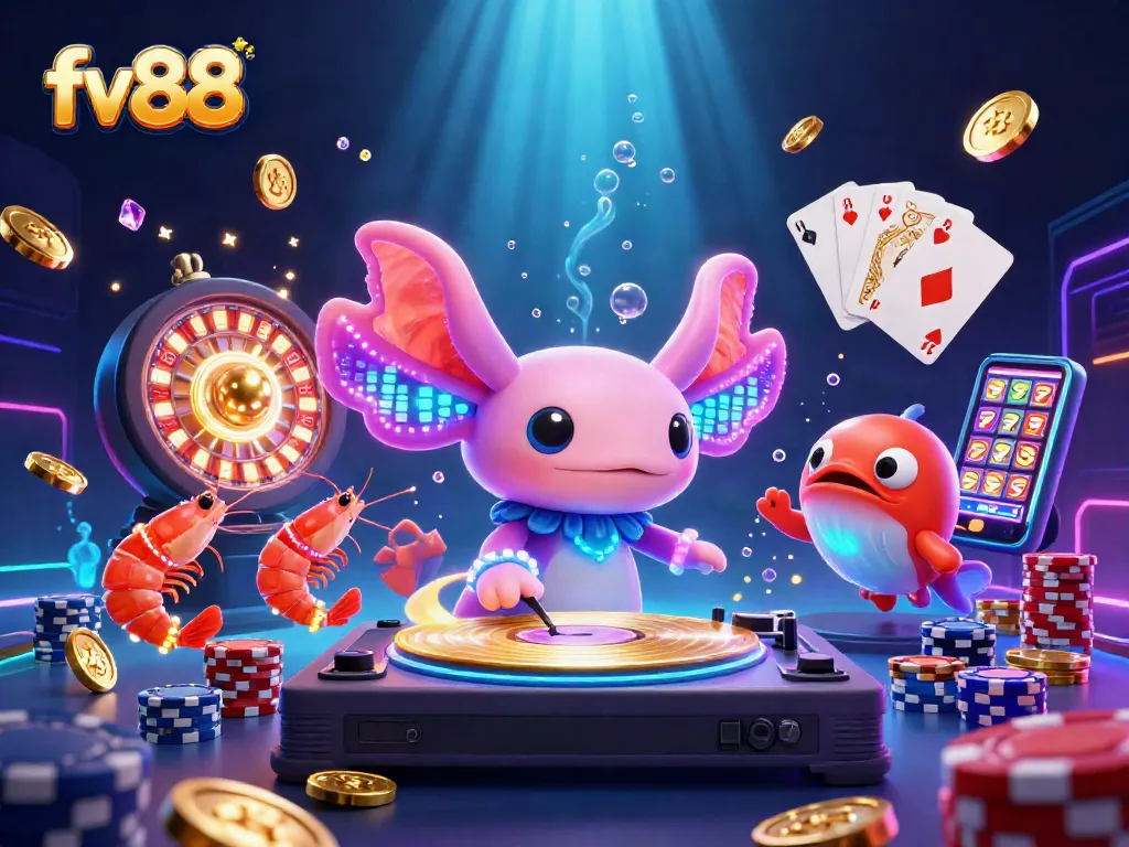 Join the fun with fv88's vibrant cartoon scene featuring a DJ and lively casino elements.