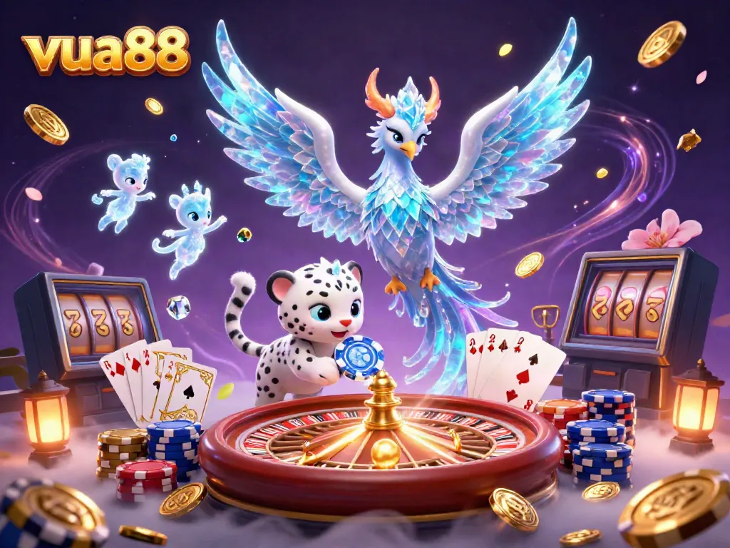 Enjoy the thrill of gaming with vua88's magical casino world featuring coins, cards, and enchanting characters.