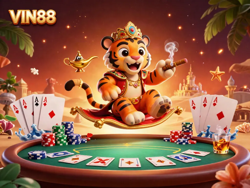 Experience thrilling moments at VIN88 with a magical Arabian-themed casino scene featuring a tiger sultan and rich game elements.