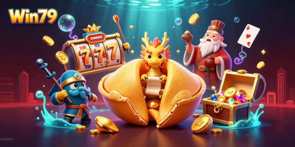 Win79 players engage with vibrant gambling elements, experiencing thrilling moments in a colorful casino scene.