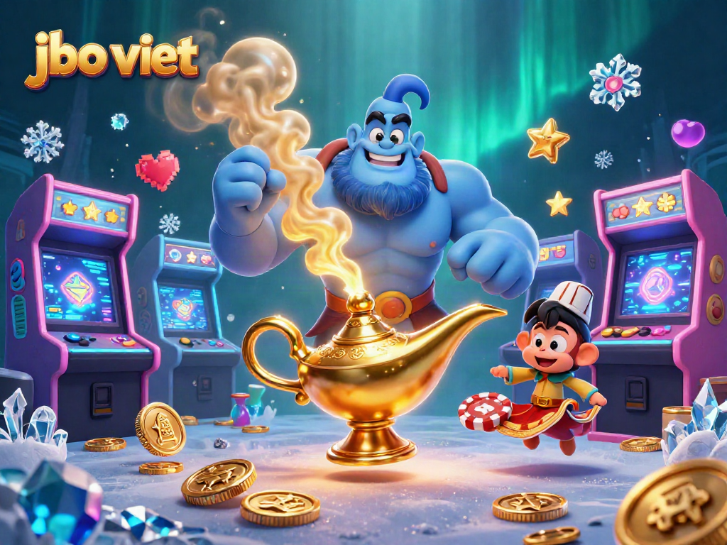 Engage with jbo viet in this vibrant 3D casino scene with a genie, monkey, and poker chips.