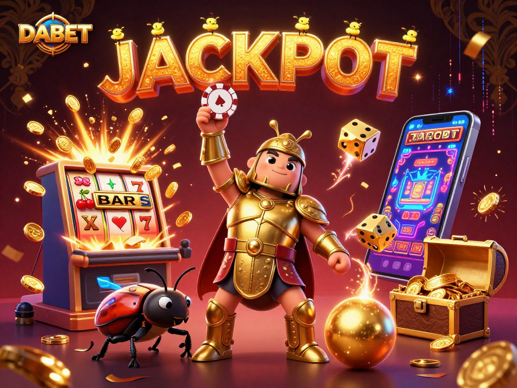 DABET illustrated as a victorious beetle lifting a poker chip, amidst a jackpot explosion of casino elements.