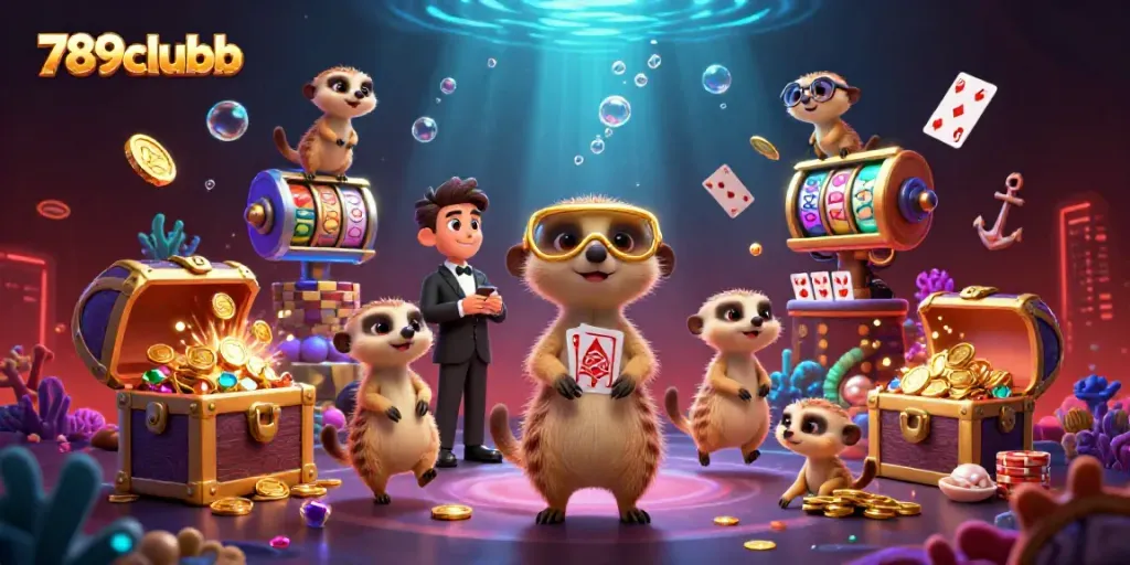 Experience the vibrant casino scene at 789clubb with animated meerkats running gaming operations and treasure flowing.
