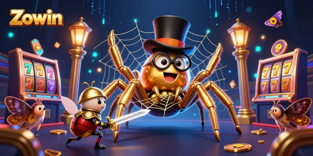 Experience Zowin's captivating online casino world with vibrant 3D characters and spinning slot reels.