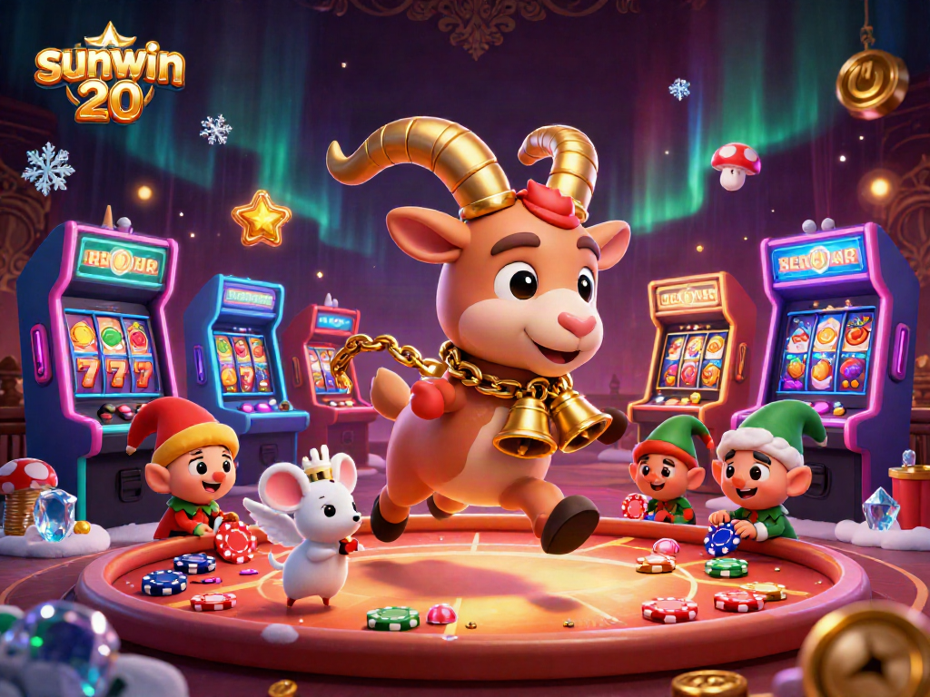 Experience the thrills of sunwin 20 as festive characters steal chips in a vibrant casino scene.