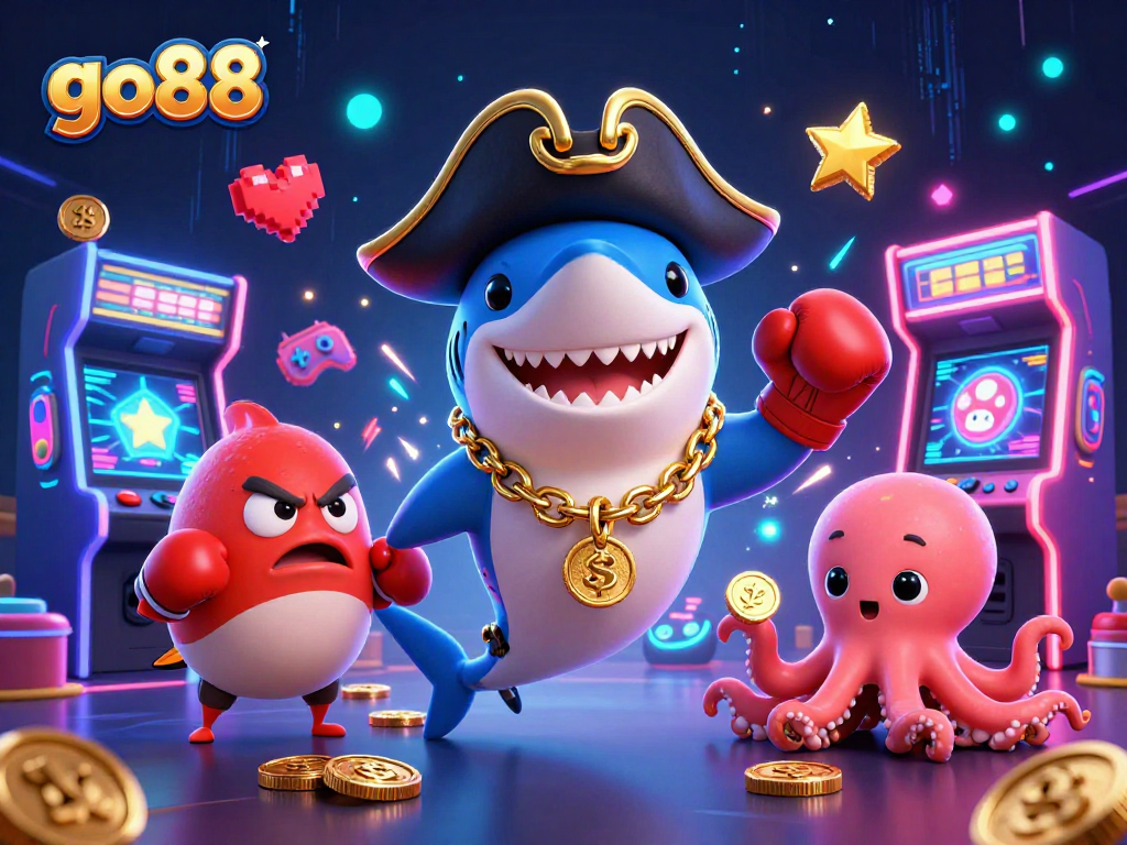 Engage with go88's exciting casino action featuring a pirate shark, boxing pufferfish, and octopus with coins!