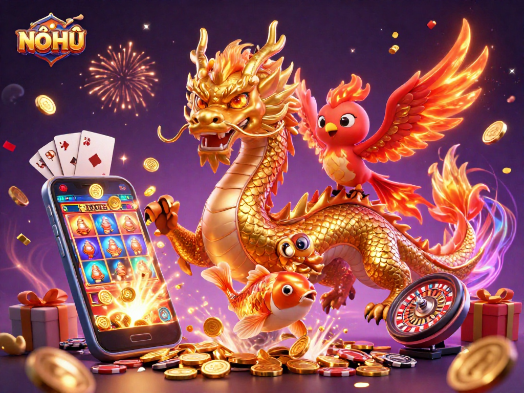 NỔ HŨ unleashes winnings with a dragon, phoenix, and koi fish amidst vibrant casino elements.