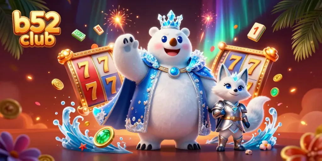 B52 club features a polar bear and snow fox with casino elements creating a vibrant gaming atmosphere.