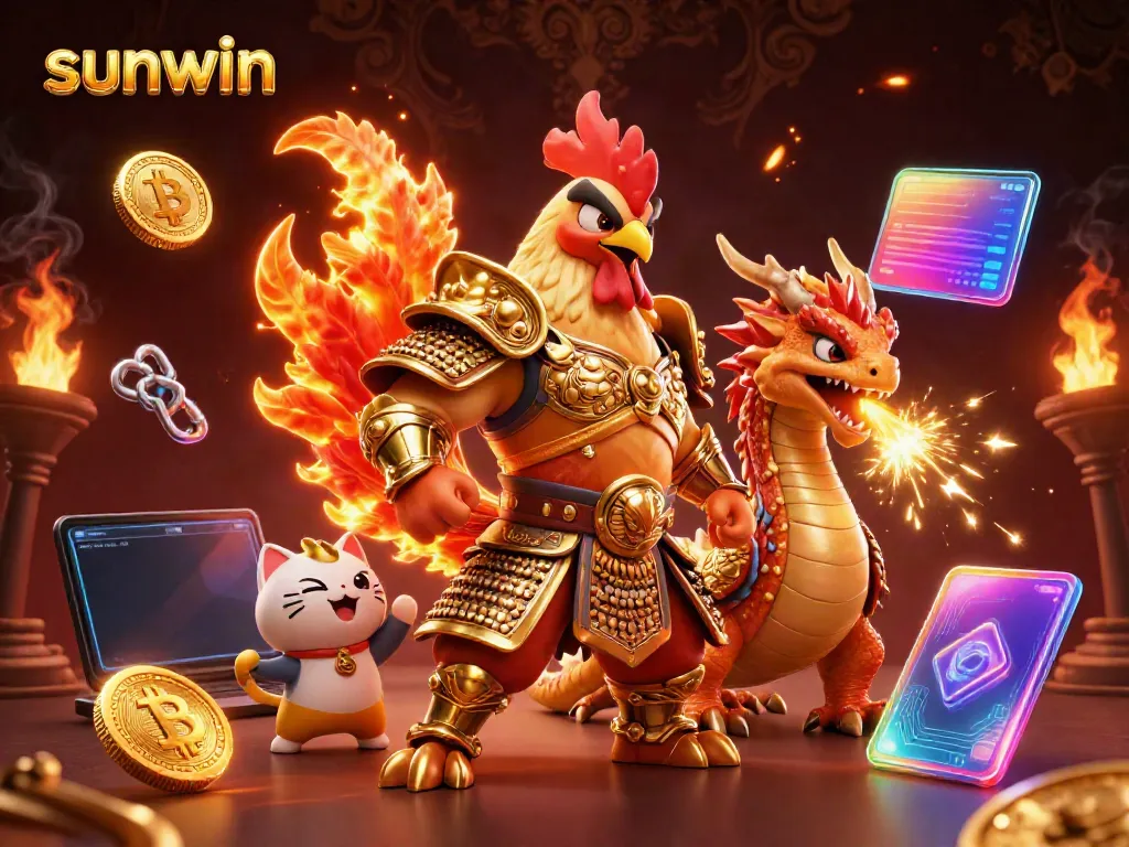Witness thrilling action in the sunwin arena as the fighting rooster battles alongside a dragon, immersed in vibrant casino energy.