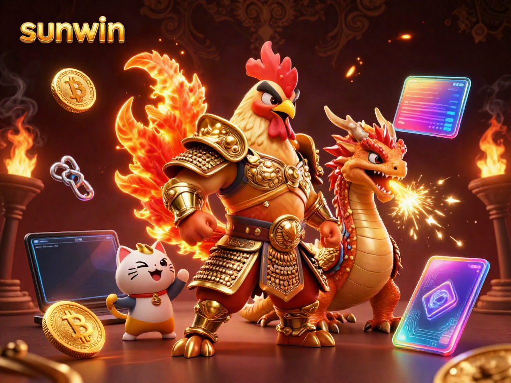 Witness thrilling action in the sunwin arena as the fighting rooster battles alongside a dragon, immersed in vibrant casino energy.