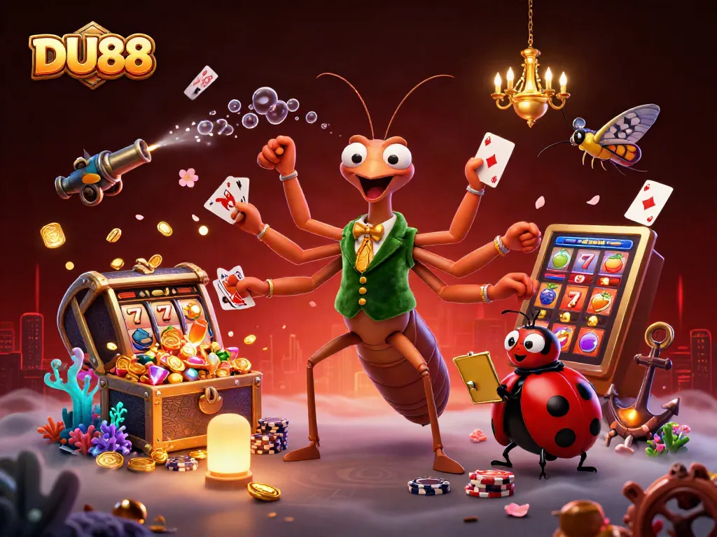 Engage with DU88 at a vibrant online casino illustrated with card games and spectacular slot reels.