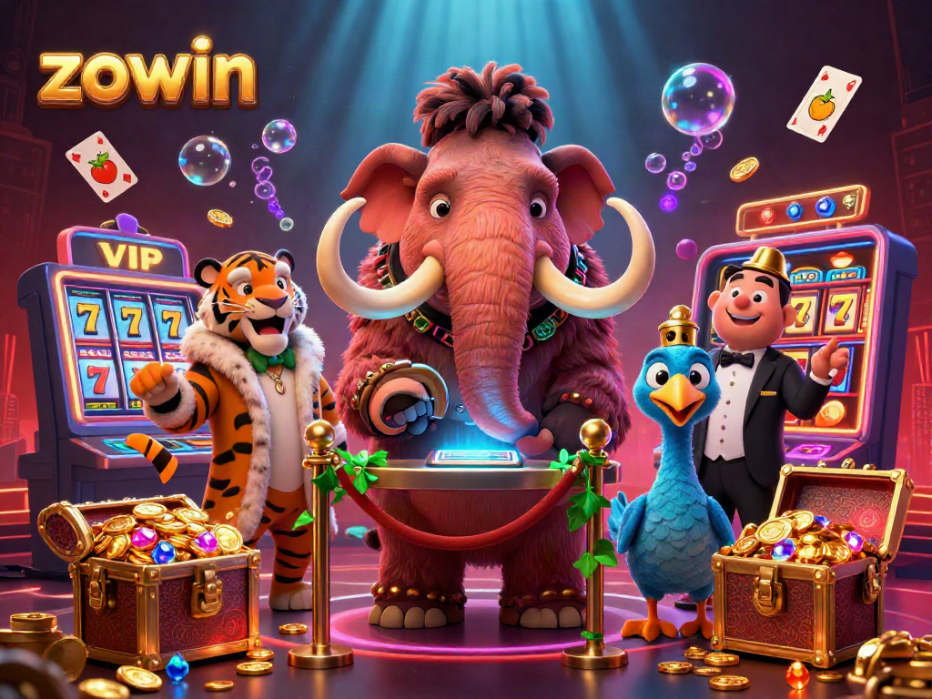 Experience exhilarating gaming at Zowin with a vibrant bouncer, VIP guest, and dynamic casino elements.