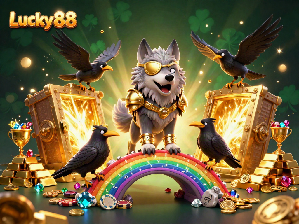Experience the excitement of Lucky 88 with an ultra-detailed illustration featuring casino themes, gold treasures, and mythological characters.