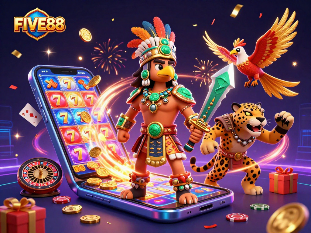 Play dynamic slots with FIVE88 featuring colorful spinning reels and exciting gameplay elements.
