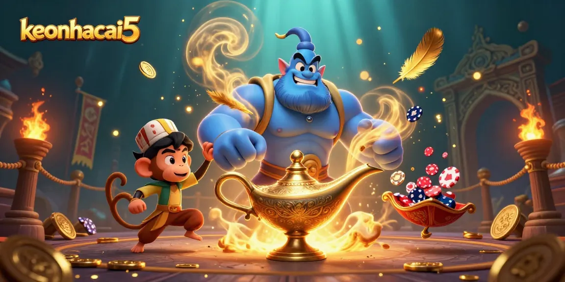 Experience keonhacai5 with a vibrant scene full of action, poker chips, and magical elements in this rich illustration.