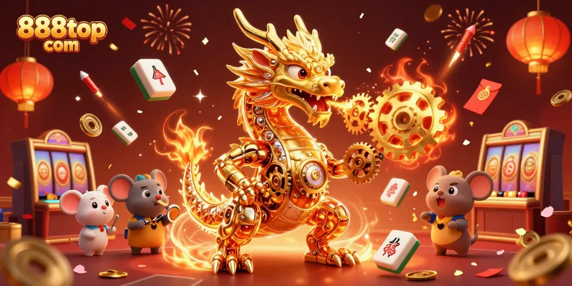 Experience the thrill at 888top com with a golden dragon breathing gears, vibrant casino elements.