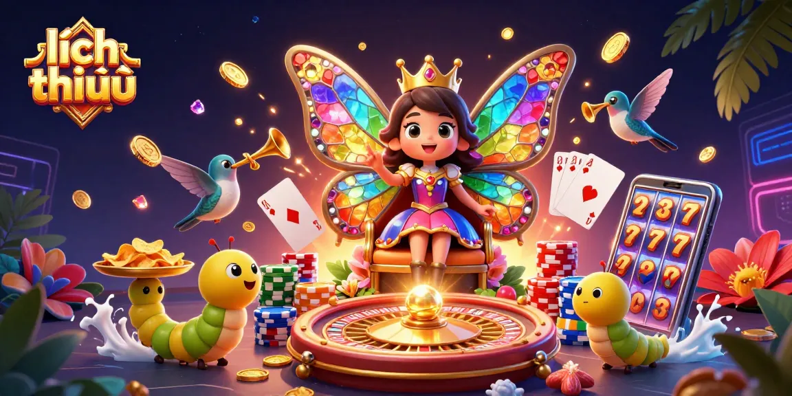 Experience the excitement of lịch thi đấu with a vibrant illustration of a dazzling butterfly queen in a casino-themed scene.