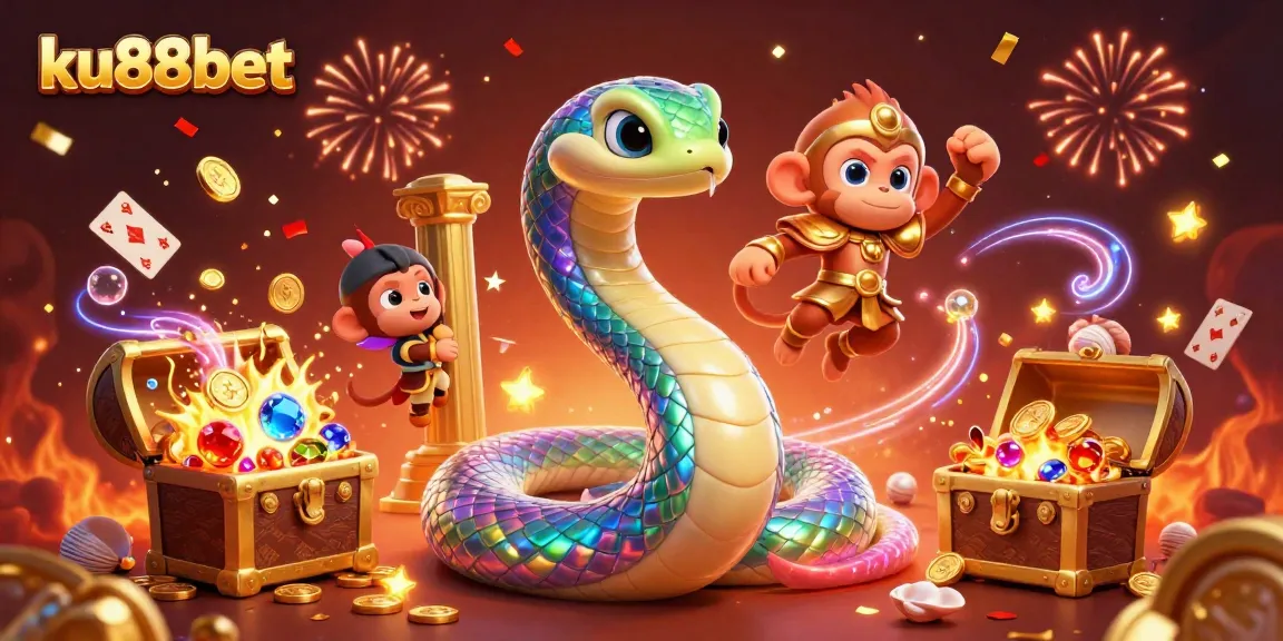 Engage with ku88bet's thrilling gaming experience featuring a rainbow serpent and playful monkey.